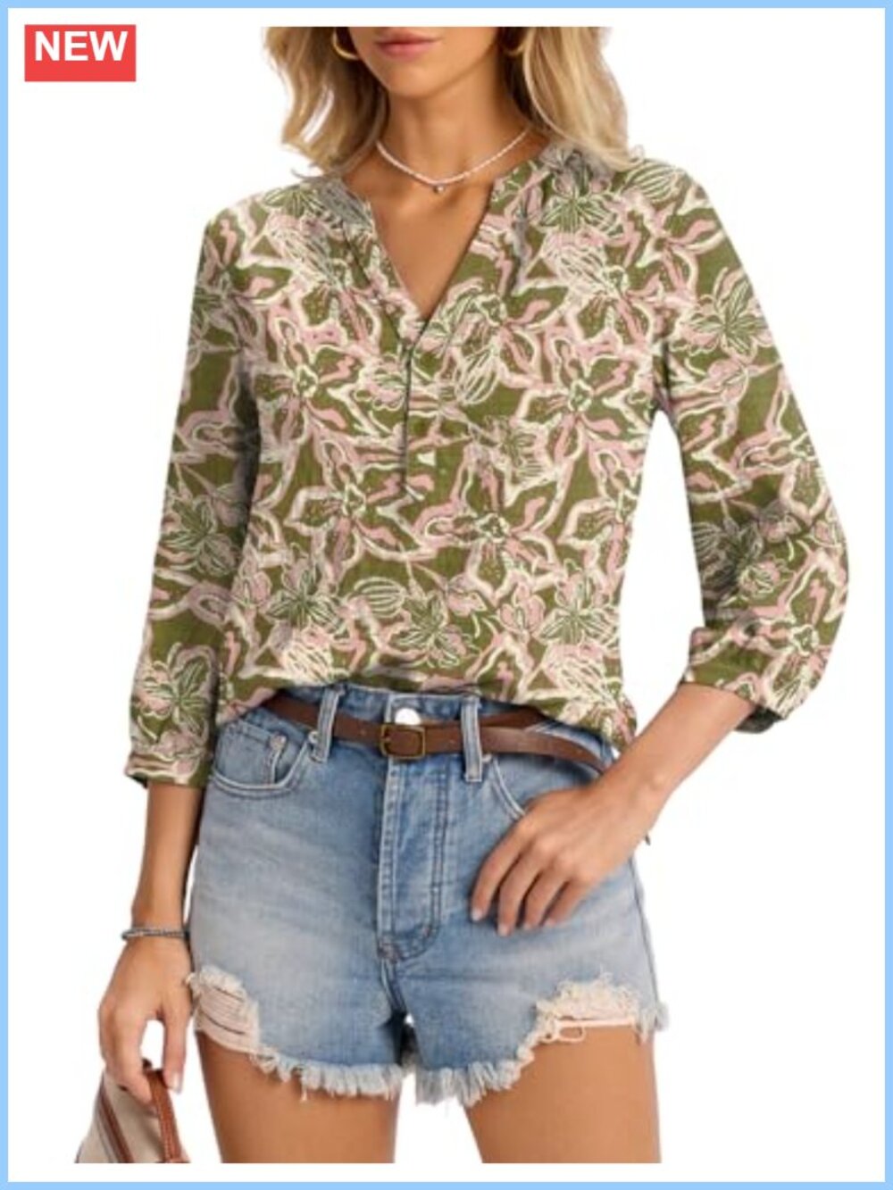 Womens Rayon Linen Tunic Top 3/4 Sleeve Henley V Neck Button Pleated Blouse